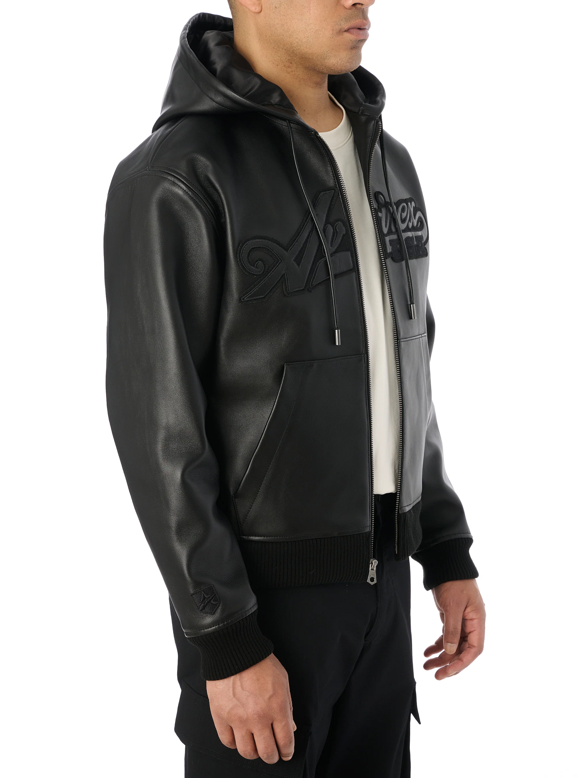 SCRIPT NAPPA LEATHER HOODIE - BLACK - Image 4