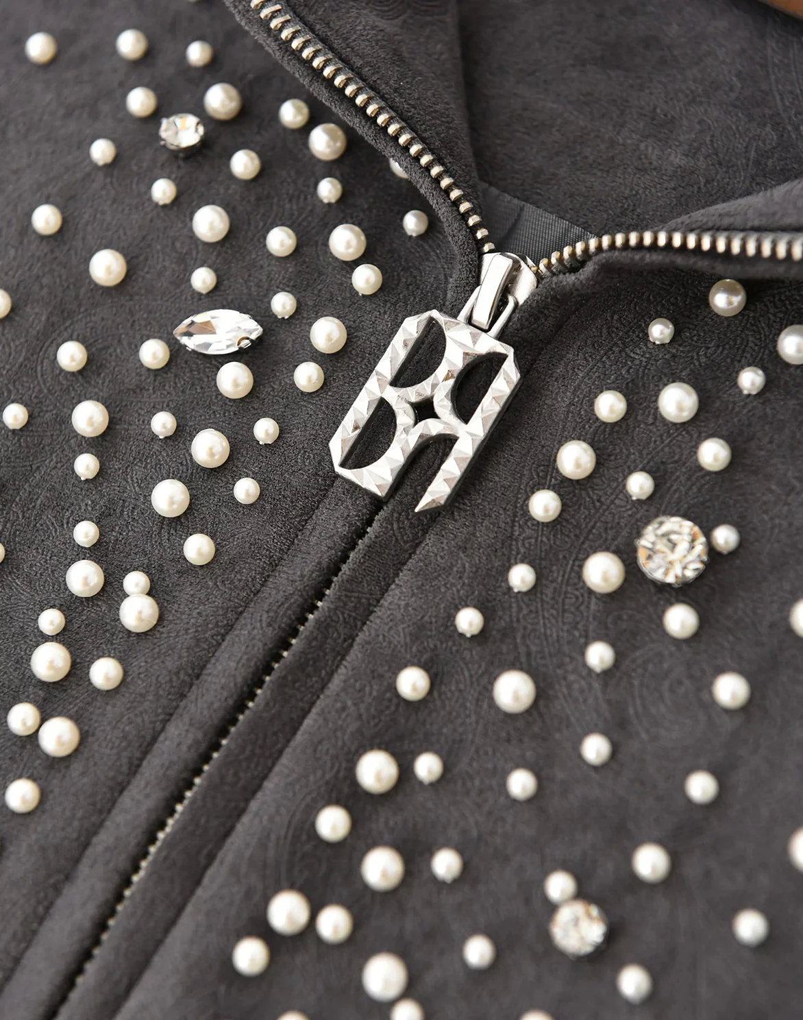 CASHEW BLOSSOM PEARL ZIPPER HOODIE - BLACK - Image 3