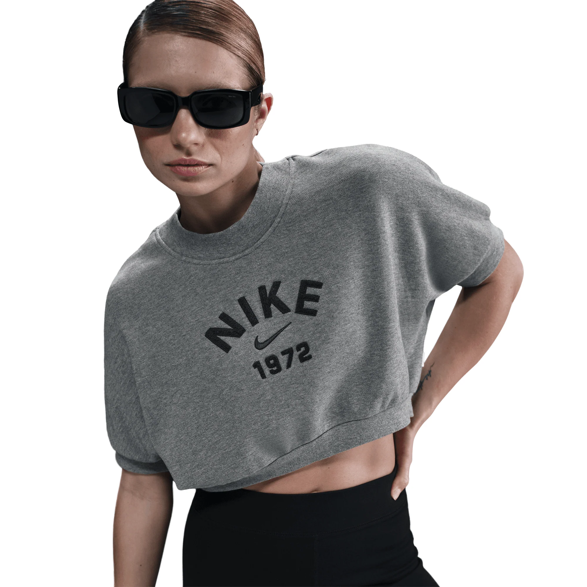 WMNS S/S CROPPED FRENCH TERRY TOP - CARBON HEATHER