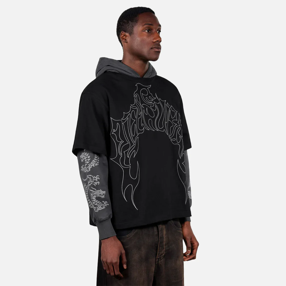 DRAGON LAYERED HOODIE - BLACK - Image 4