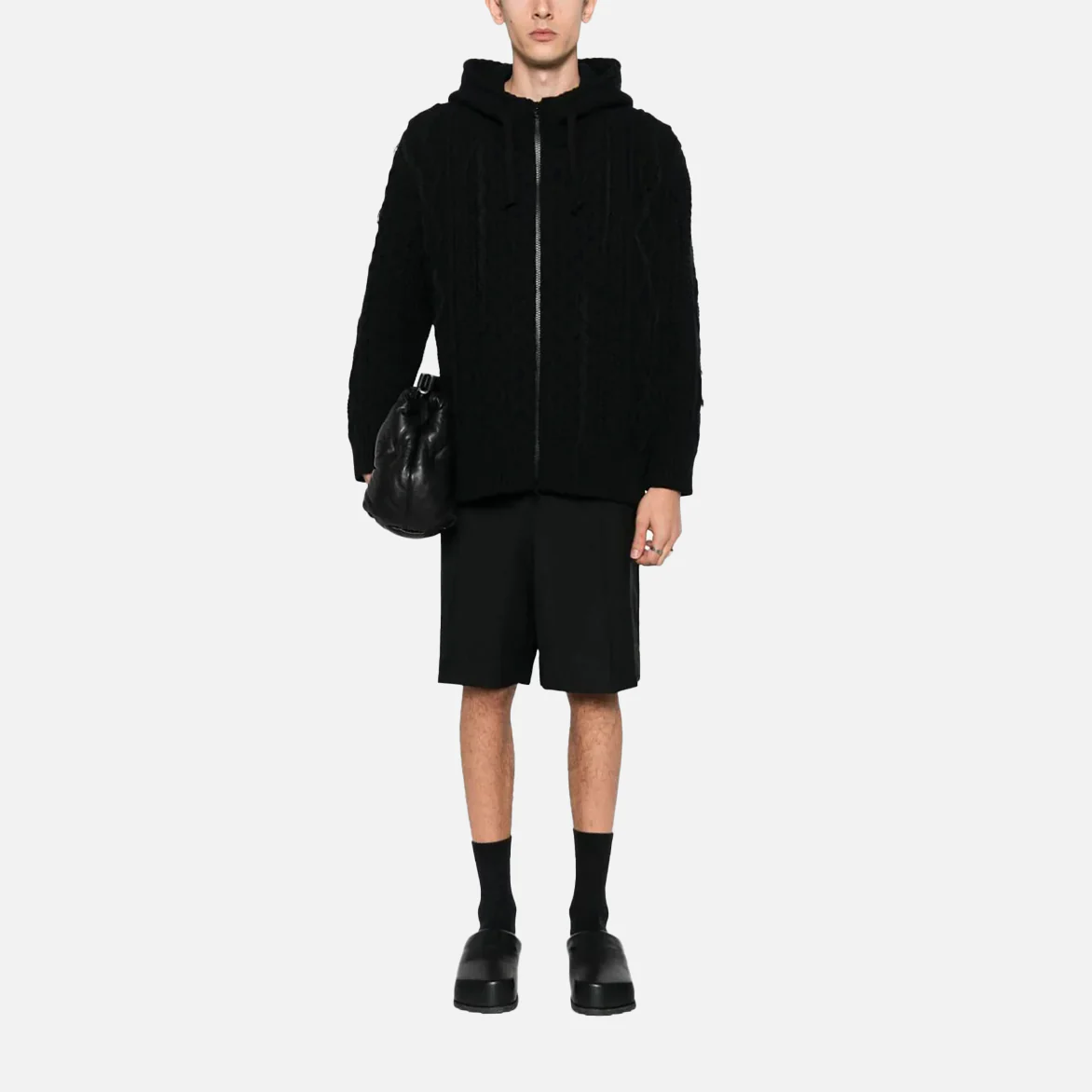 HOODED CABLEKNIT CARDIGAN - BLACK - Image 2